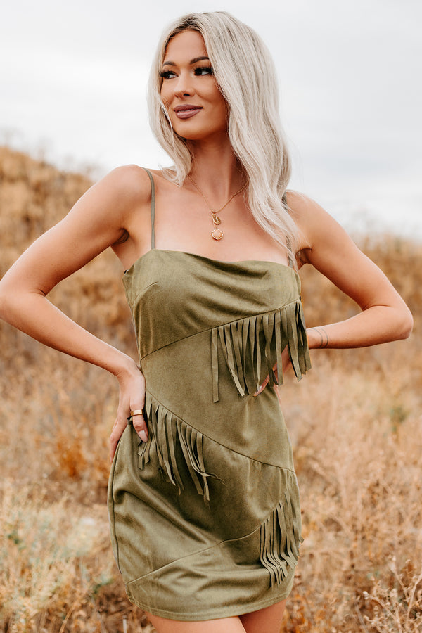 Hayride Dreams Faux Suede Fringe Mini Dress (Dusty Olive) - NanaMacs