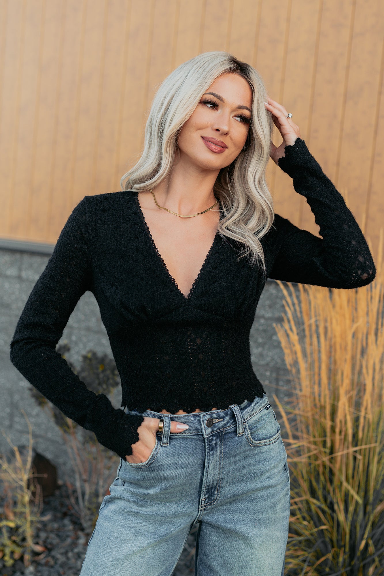 Born Untamed Long Sleeve V Neck Lace Top (Black) - NanaMacs