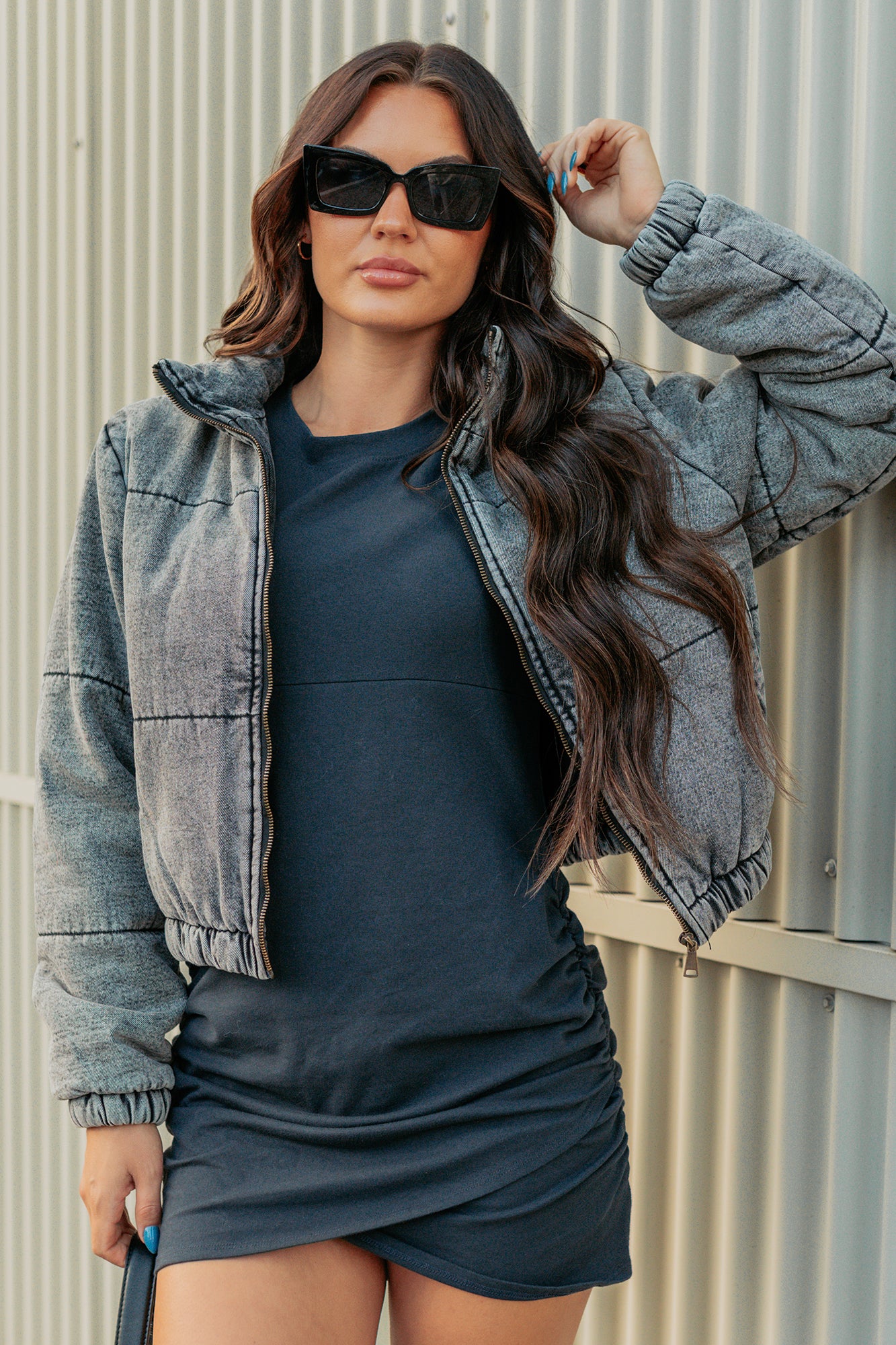 Warm Refuge Denim Cropped Puffer Jacket (Black) - NanaMacs