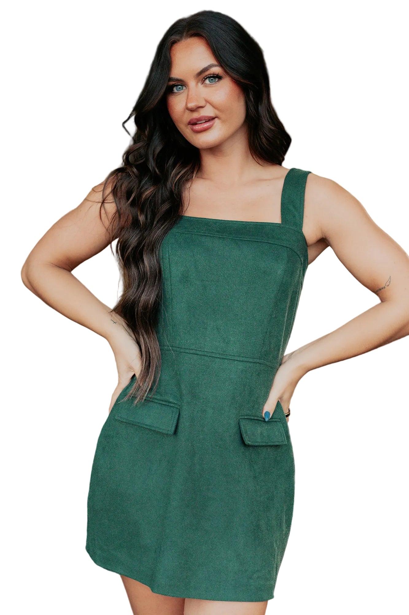 Pine Faux Suede Patch Pocket Sleeveless Mini Dress Pine Faux Suede Patch Pocket Sleeveless Mini Dress