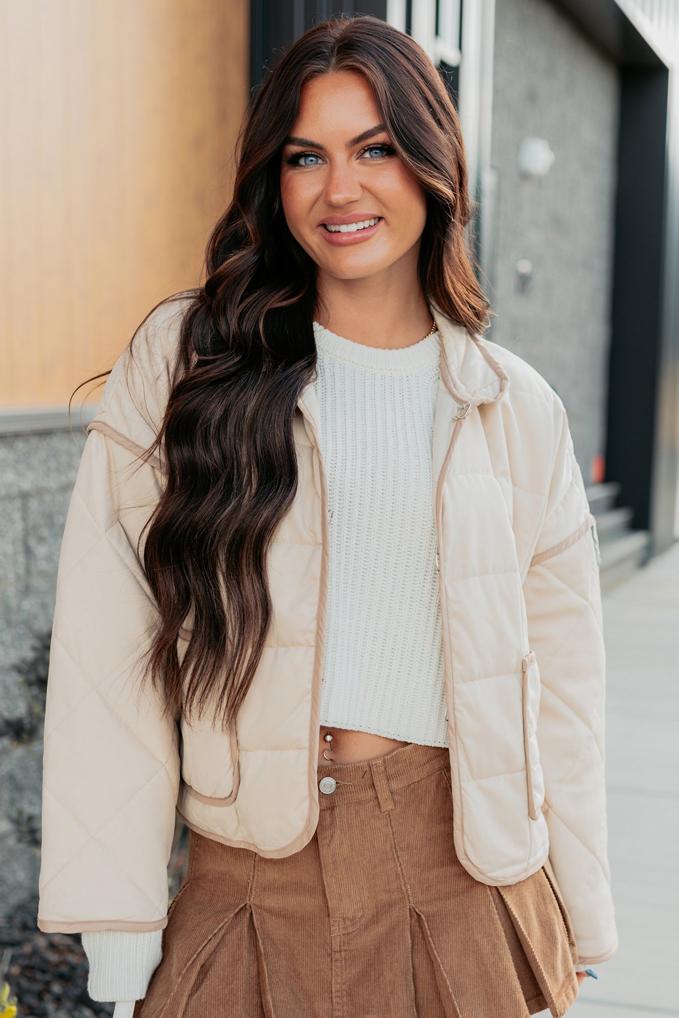 Pure Desire Contrast Trim Quilted Puffer Jacket (Beige) - NanaMacs