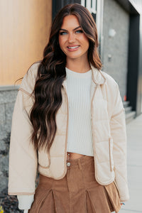 Pure Desire Contrast Trim Quilted Puffer Jacket (Beige) - NanaMacs