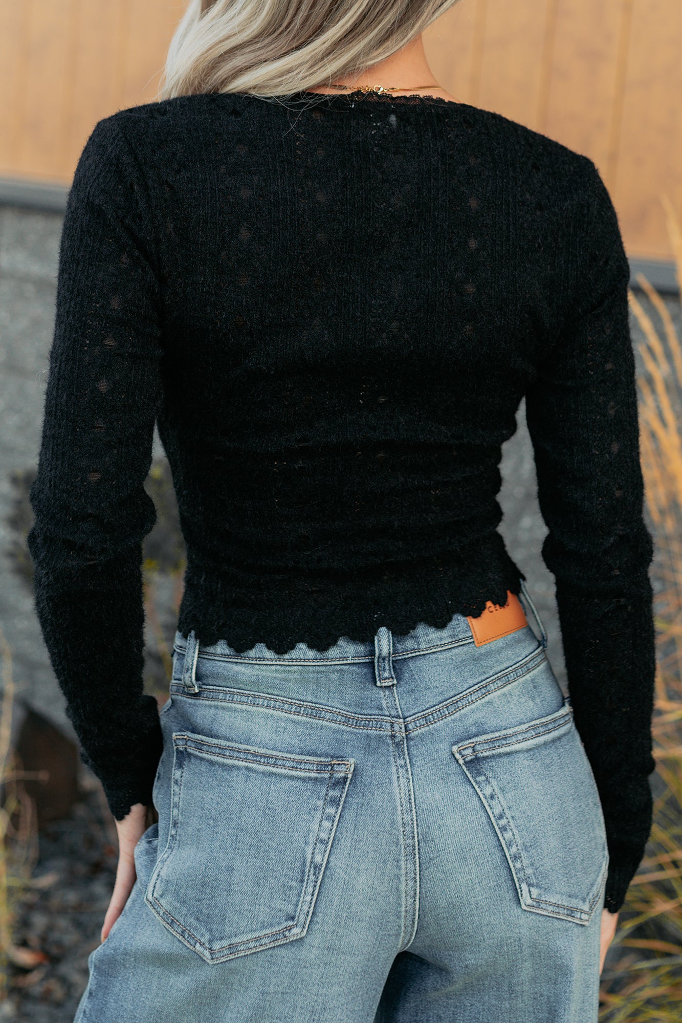 Born Untamed Long Sleeve V Neck Lace Top (Black) - NanaMacs