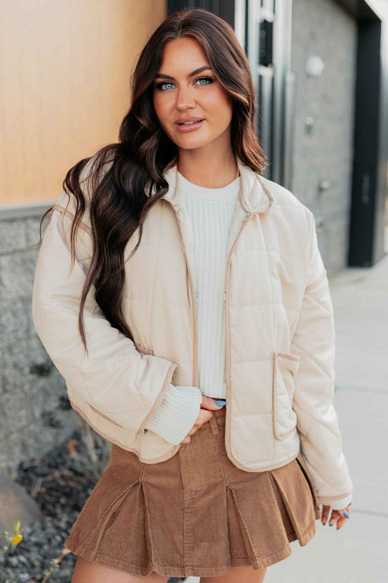 Pure Desire Contrast Trim Quilted Puffer Jacket (Beige) - NanaMacs