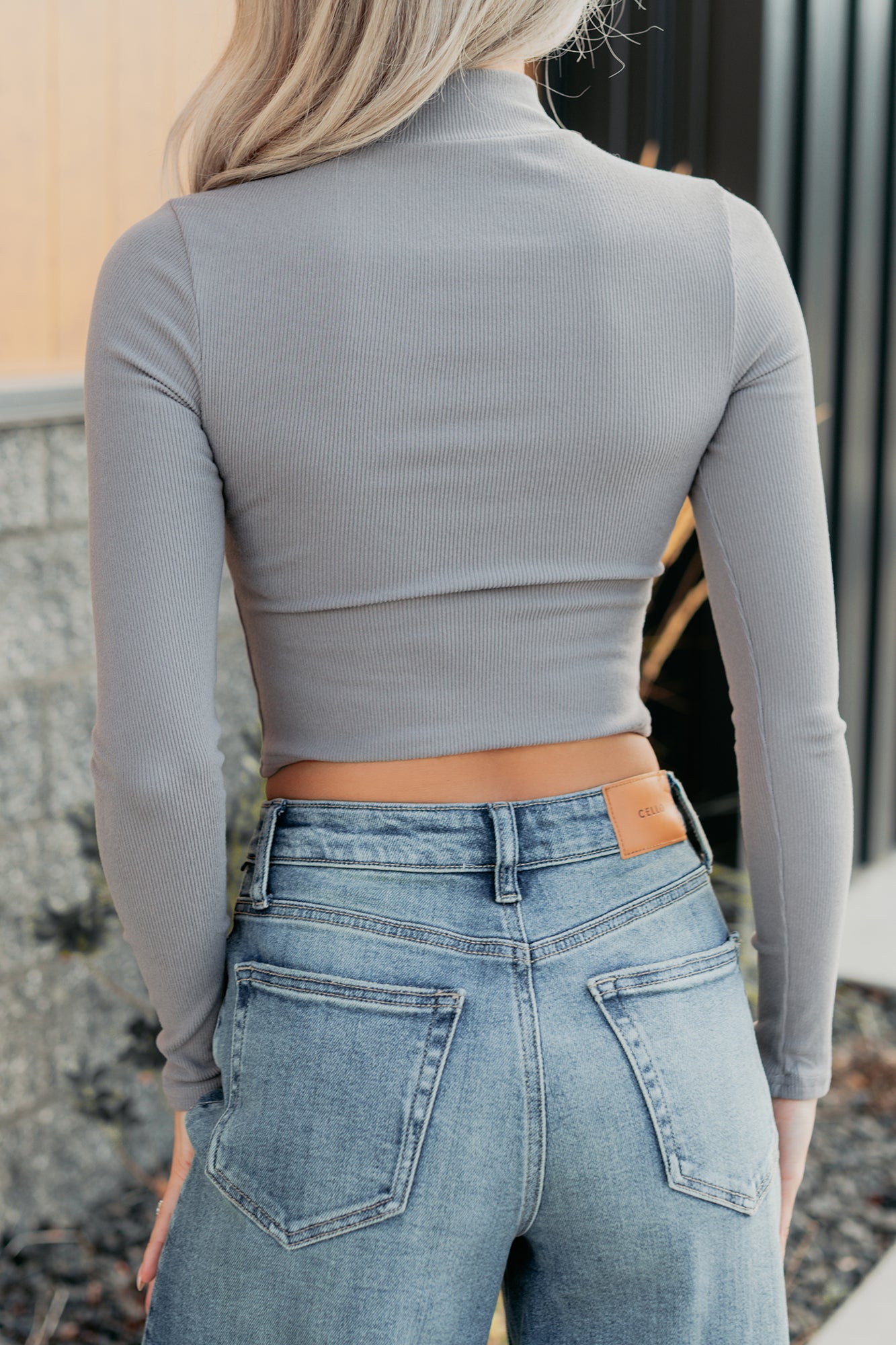 Leigh Long Sleeve Peekaboo Mock Neck Top (Elephant Grey) - NanaMacs