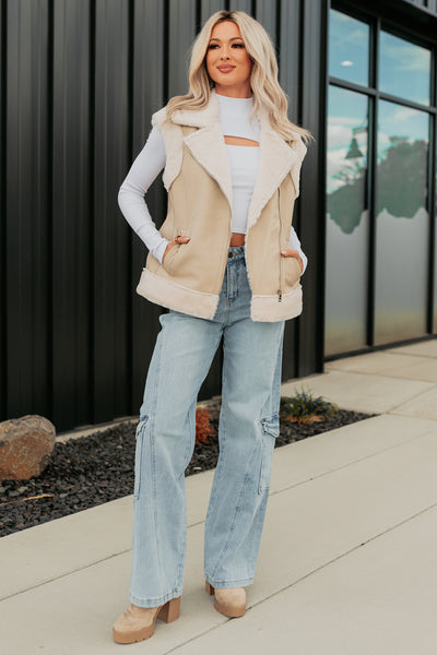 Cabin State Faux Leather Fur Lined Vest (Cream/Taupe) - NanaMacs
