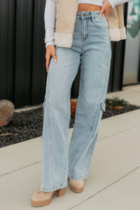 Crosby Wide Leg Mica Denim Cargo Jeans (Light Wash) - NanaMacs