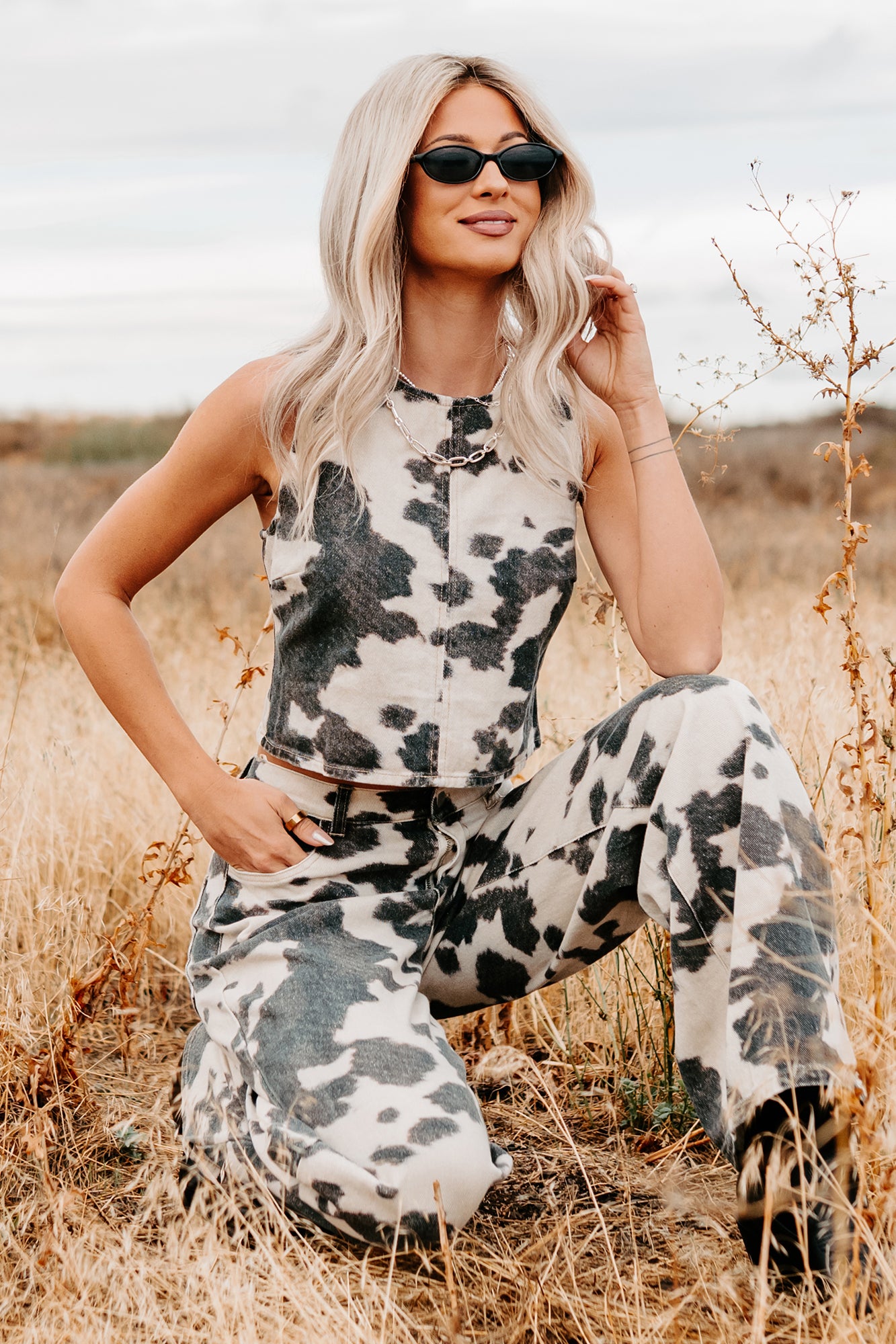 Blushin’ Boots Sleeveless Denim Cow Print Top (Brown) - NanaMacs