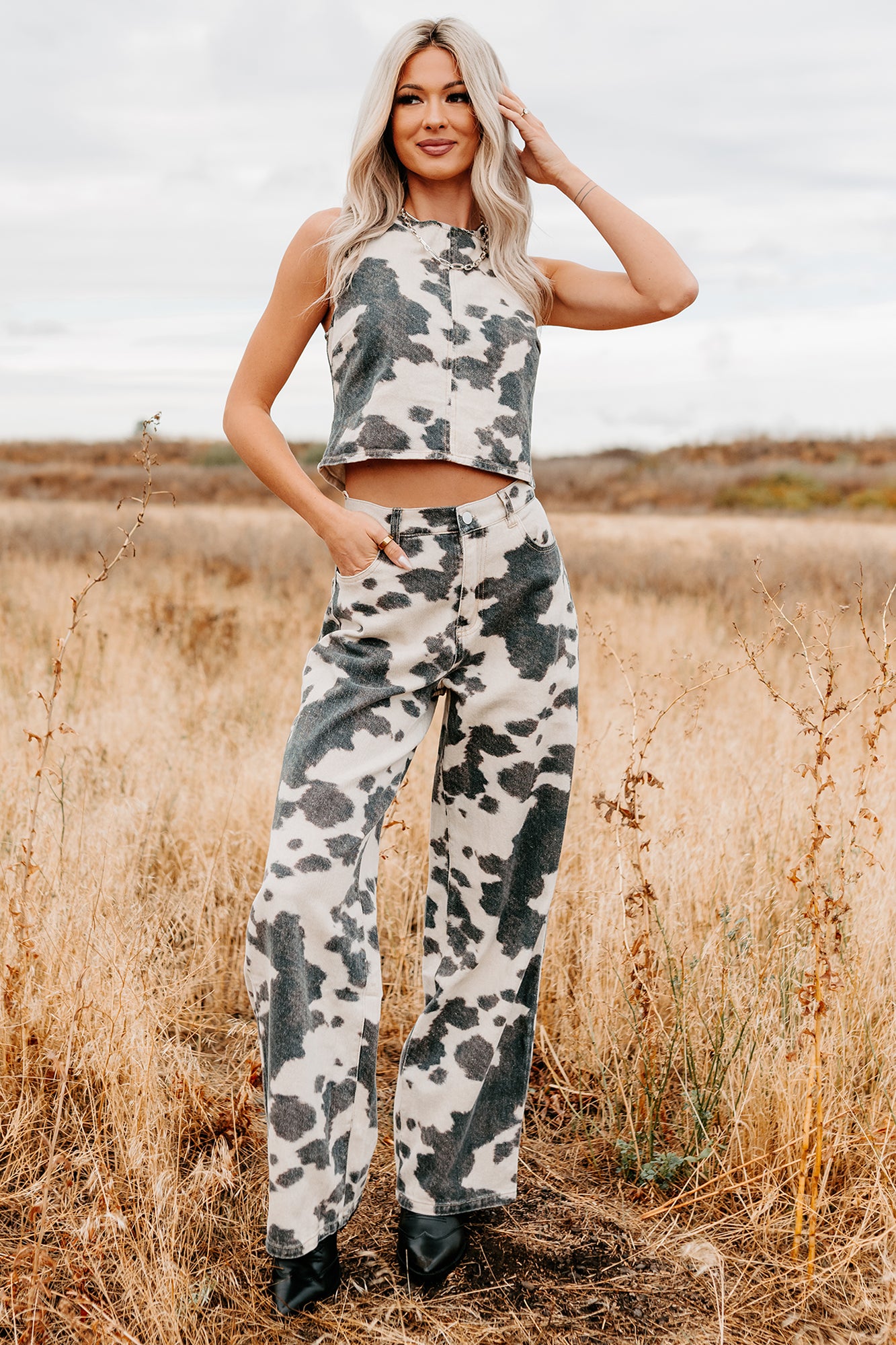 Willis Wide Leg Cow Print Klesis Jeans (Brown) - NanaMacs