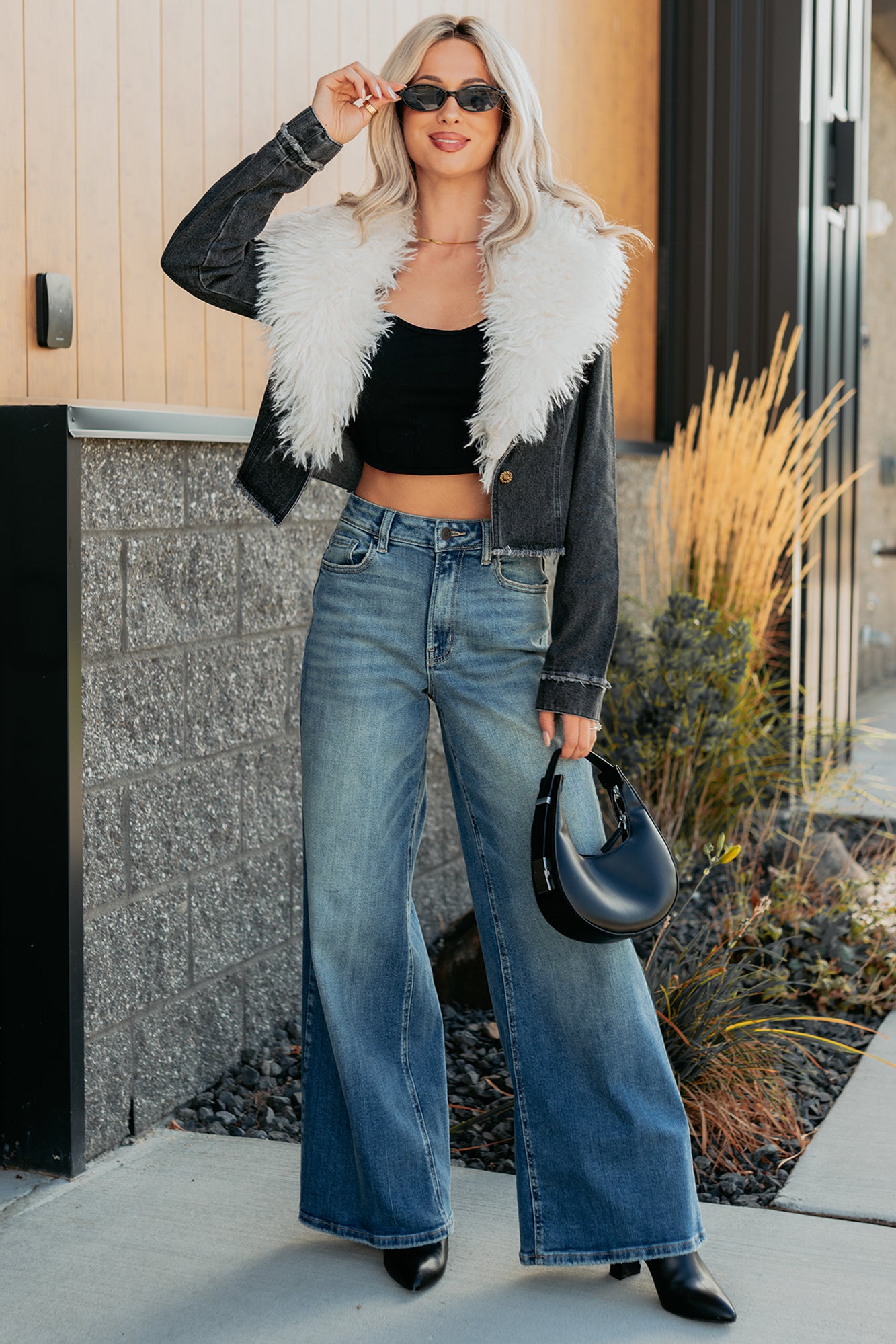 Unapologetic Glow Denim Fur Collar Jacket (Black) - NanaMacs