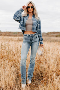 Bless This Mess Plaid Cropped Shacket (Blue) - NanaMacs