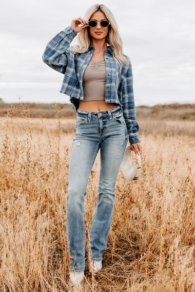 Bless This Mess Plaid Cropped Shacket (Blue) - NanaMacs