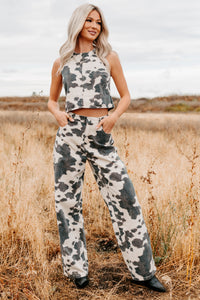 Blushin’ Boots Sleeveless Denim Cow Print Top (Brown) - NanaMacs