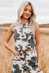 Blushin’ Boots Sleeveless Denim Cow Print Top (Brown) - NanaMacs