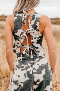 Blushin’ Boots Sleeveless Denim Cow Print Top (Brown) - NanaMacs