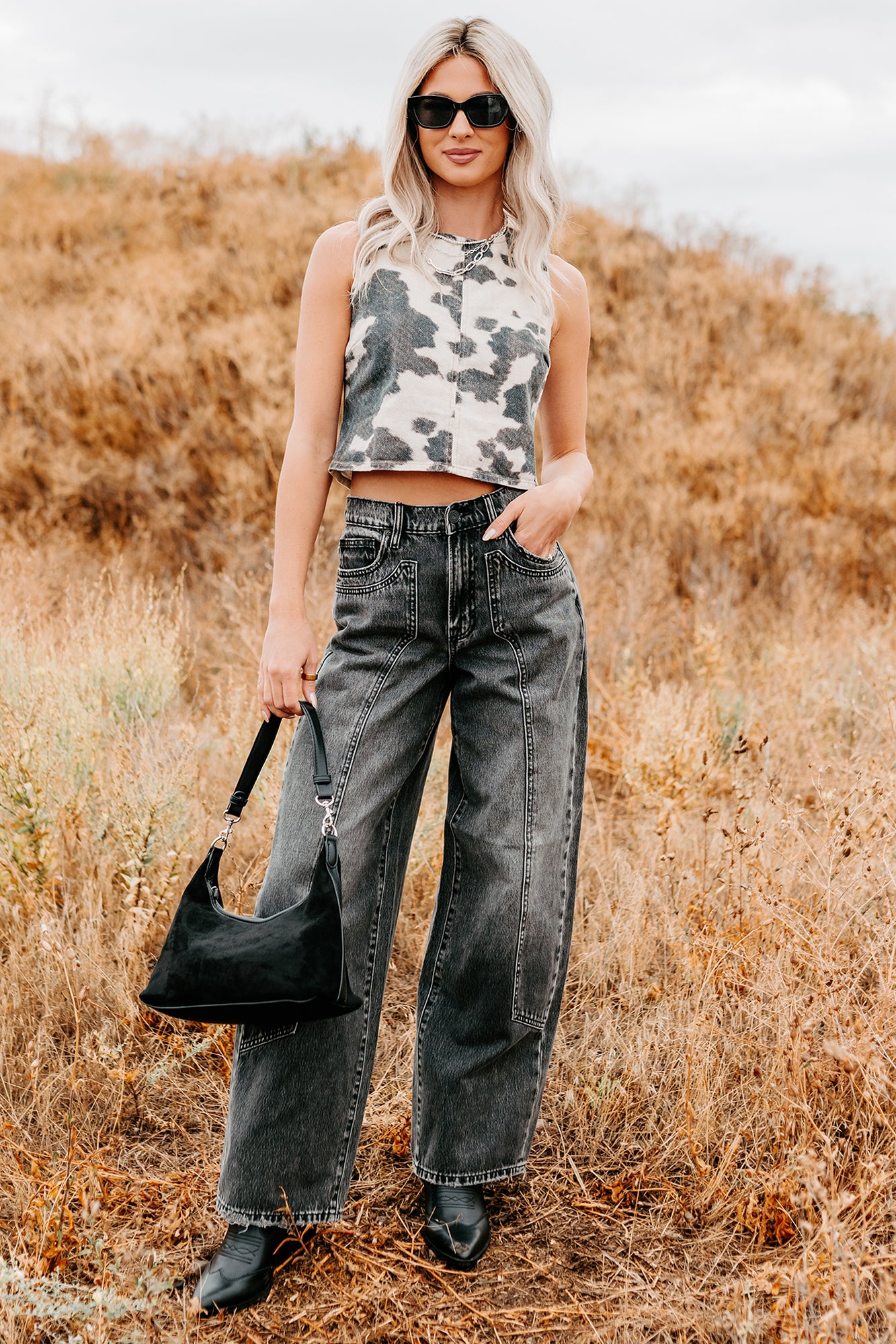 Blushin’ Boots Sleeveless Denim Cow Print Top (Brown) - NanaMacs