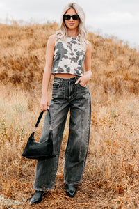 Blushin’ Boots Sleeveless Denim Cow Print Top (Brown) - NanaMacs