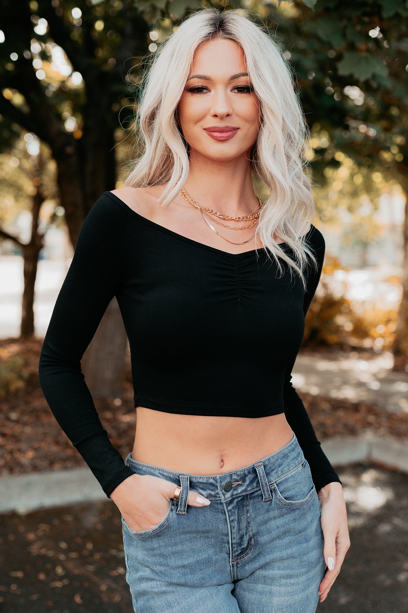 Love Again Off The Shoulder Long Sleeve Top (Black) - NanaMacs