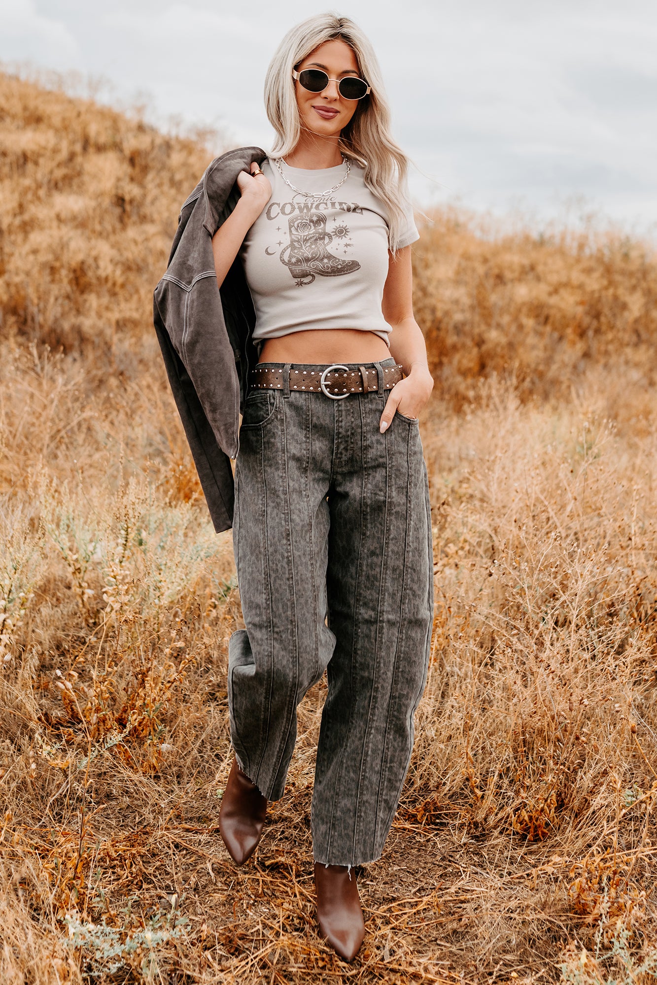 "Cosmic Cowgirl" Short Sleeve Graphic Top (Taupe) - NanaMacs