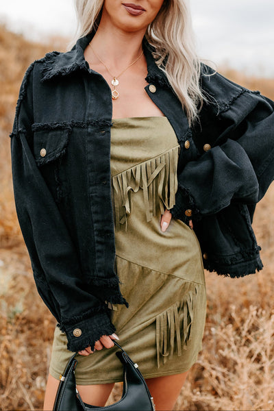 Steady Ground Raw Seam Denim Shacket (Black) - NanaMacs