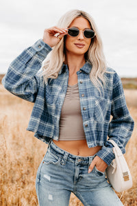 Bless This Mess Plaid Cropped Shacket (Blue) - NanaMacs