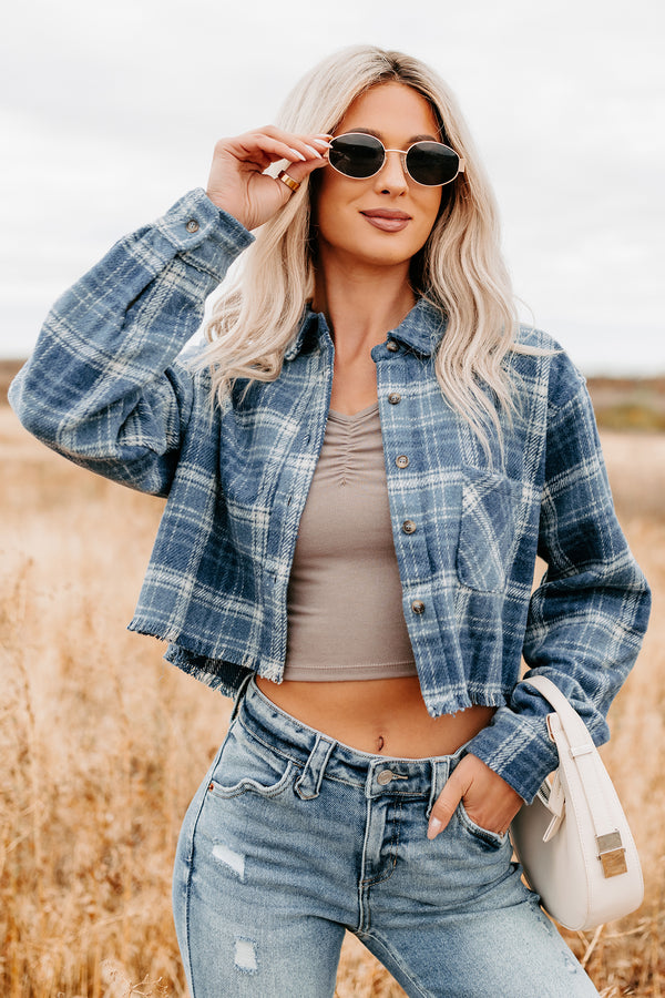 Bless This Mess Plaid Cropped Shacket (Blue) - NanaMacs