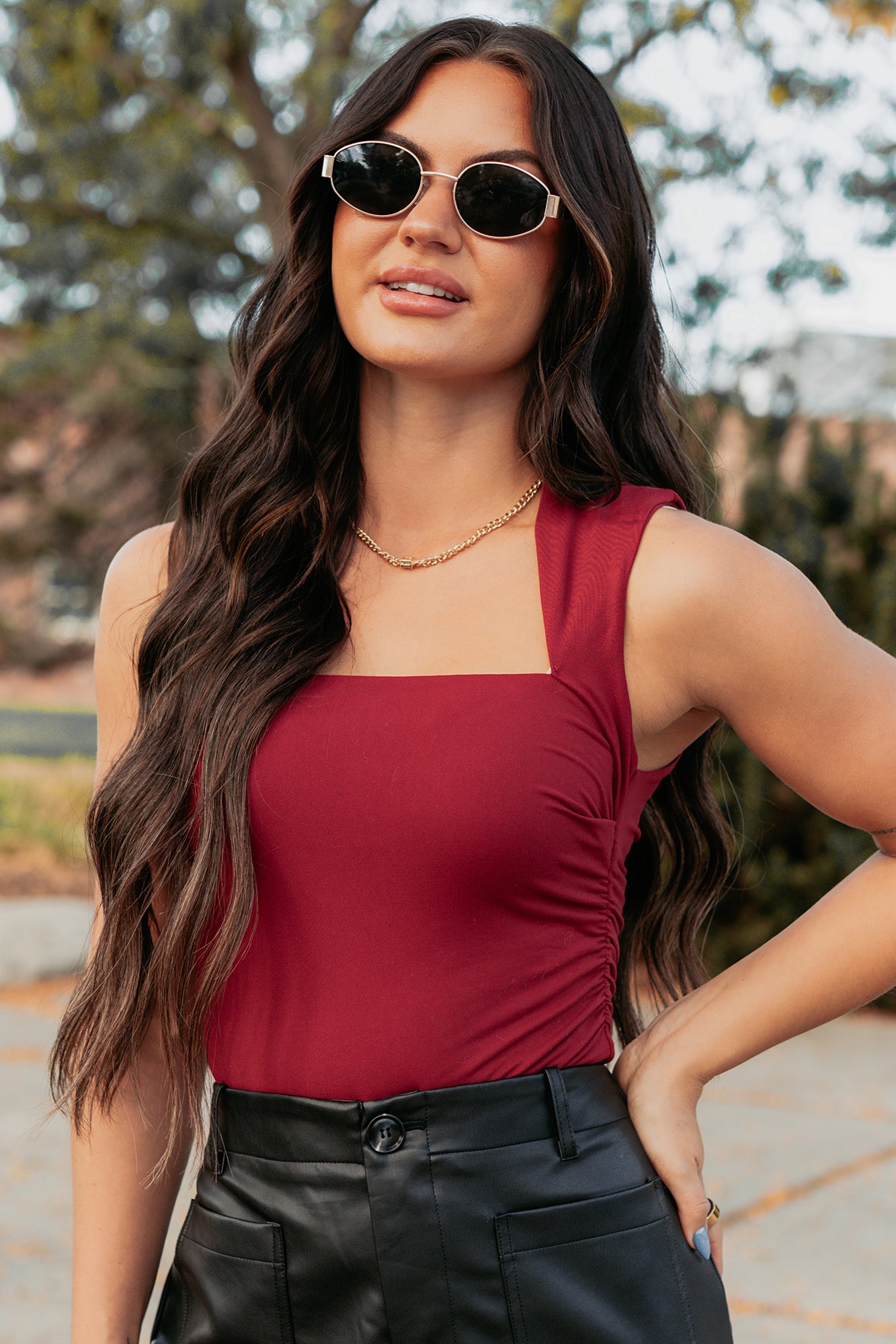 Burning Slow Sleeveless Square Neck Bodysuit (Ruby) - NanaMacs