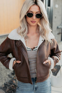 After Dark Faux Suede Fur Lined Jacket (Brown) - NanaMacs