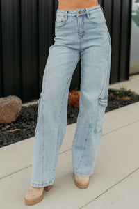 Crosby Wide Leg Mica Denim Cargo Jeans (Light Wash) - NanaMacs