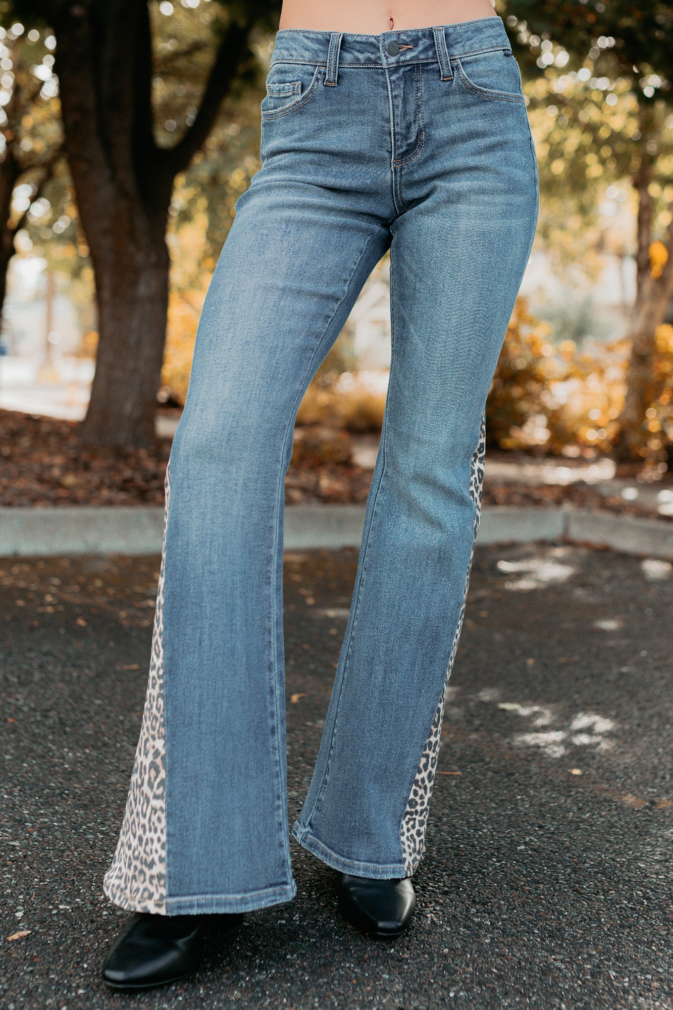 Jaden Leopard Detail Flare Cello Jeans (Medium Tint) - NanaMacs
