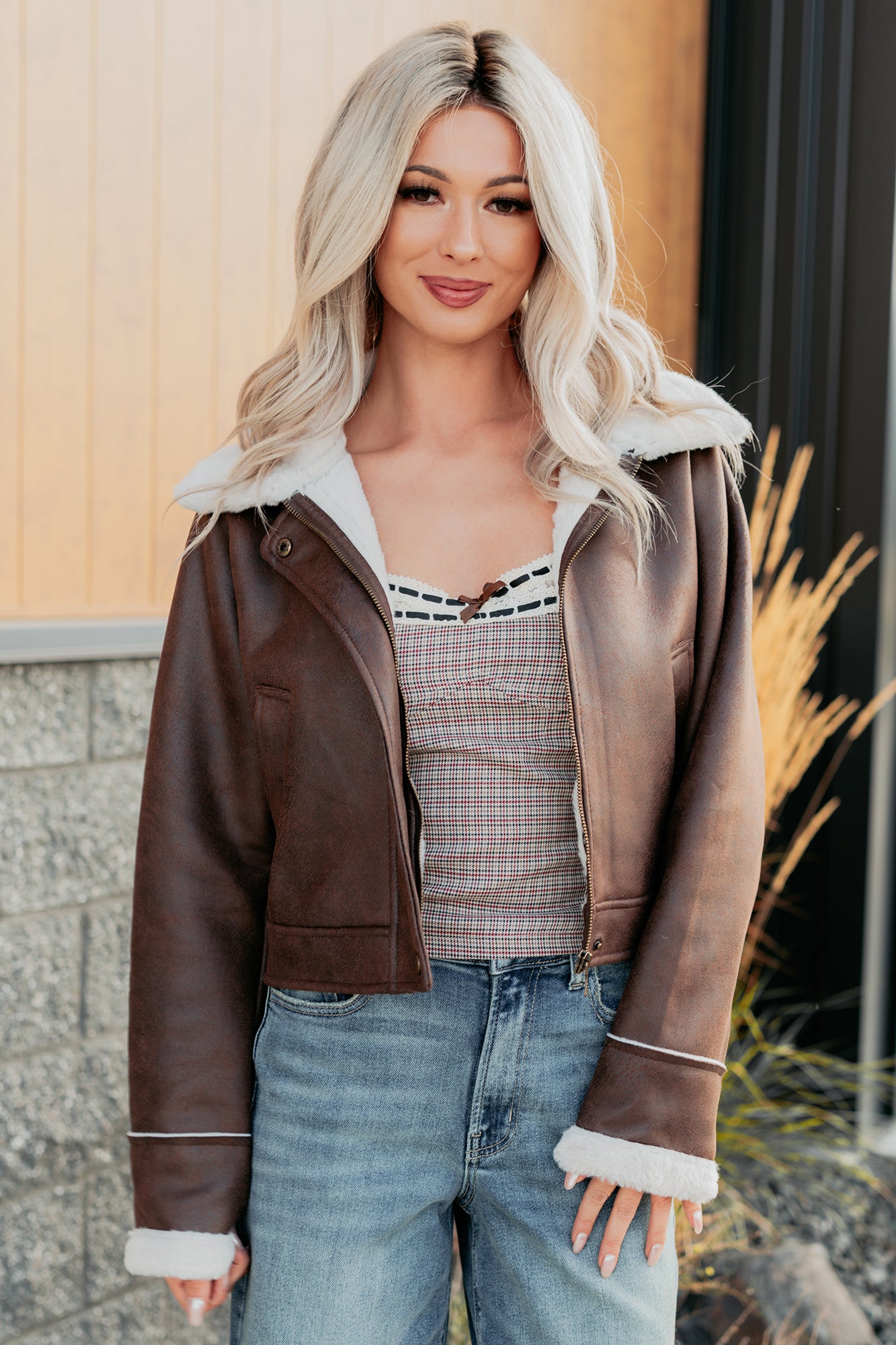 After Dark Faux Suede Fur Lined Jacket (Brown) - NanaMacs