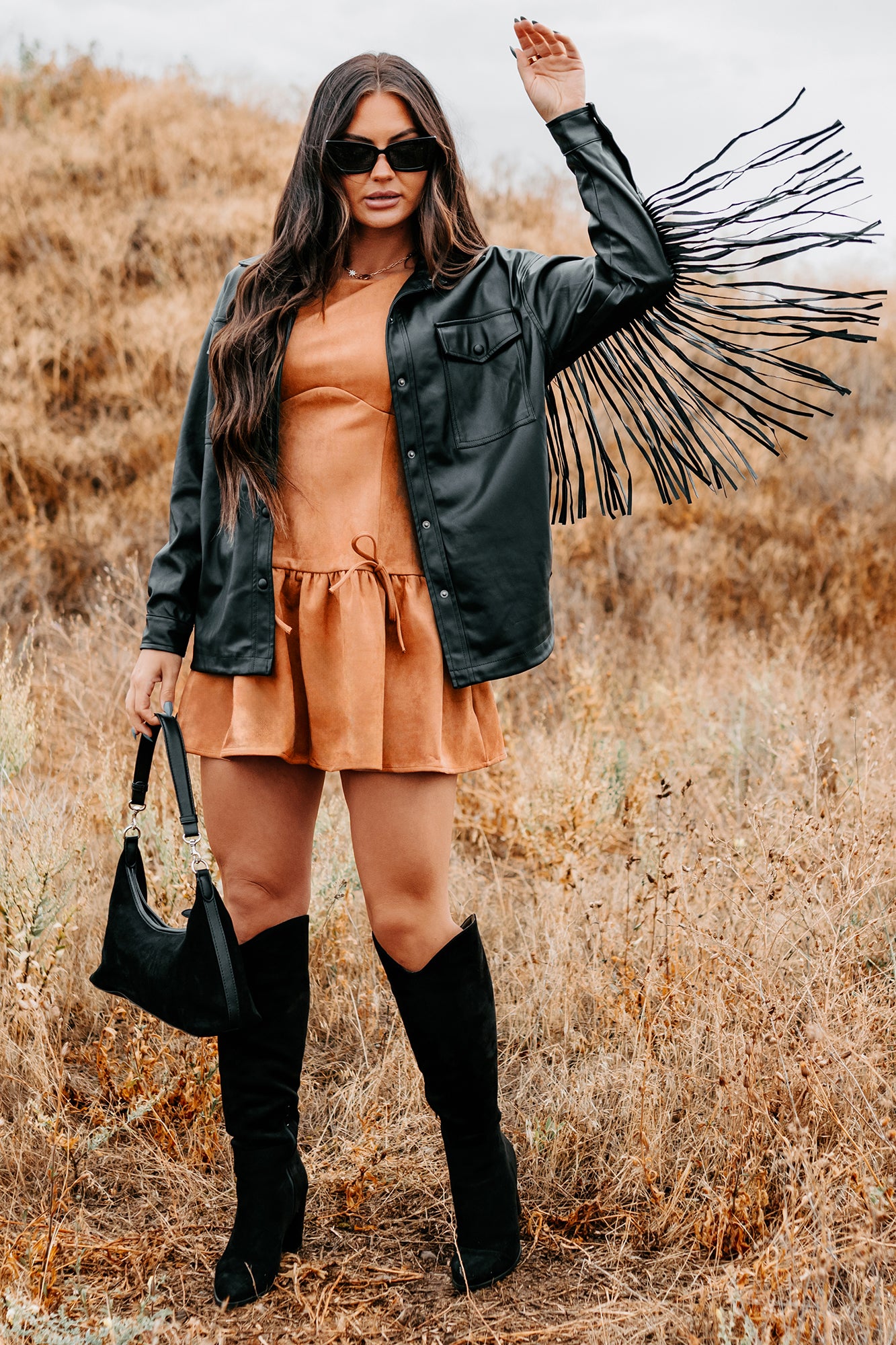 Wild West Whimsy Fringe Faux Leather Jacket (Black) - NanaMacs