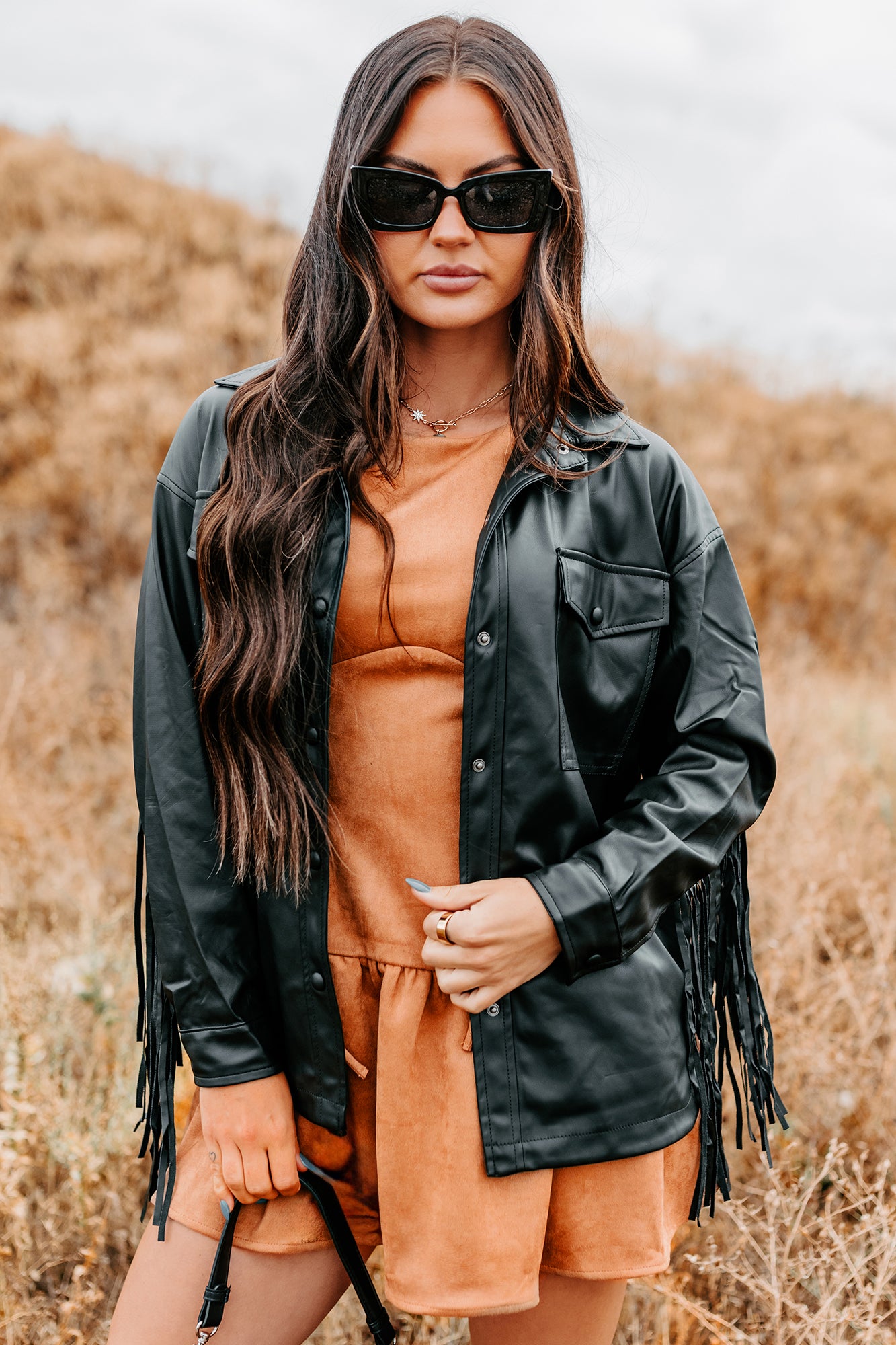 Wild West Whimsy Fringe Faux Leather Jacket (Black) - NanaMacs