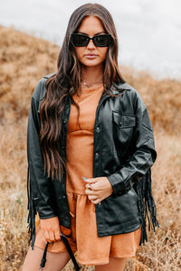 Wild West Whimsy Fringe Faux Leather Jacket (Black) - NanaMacs