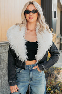 Unapologetic Glow Denim Fur Collar Jacket (Black) - NanaMacs