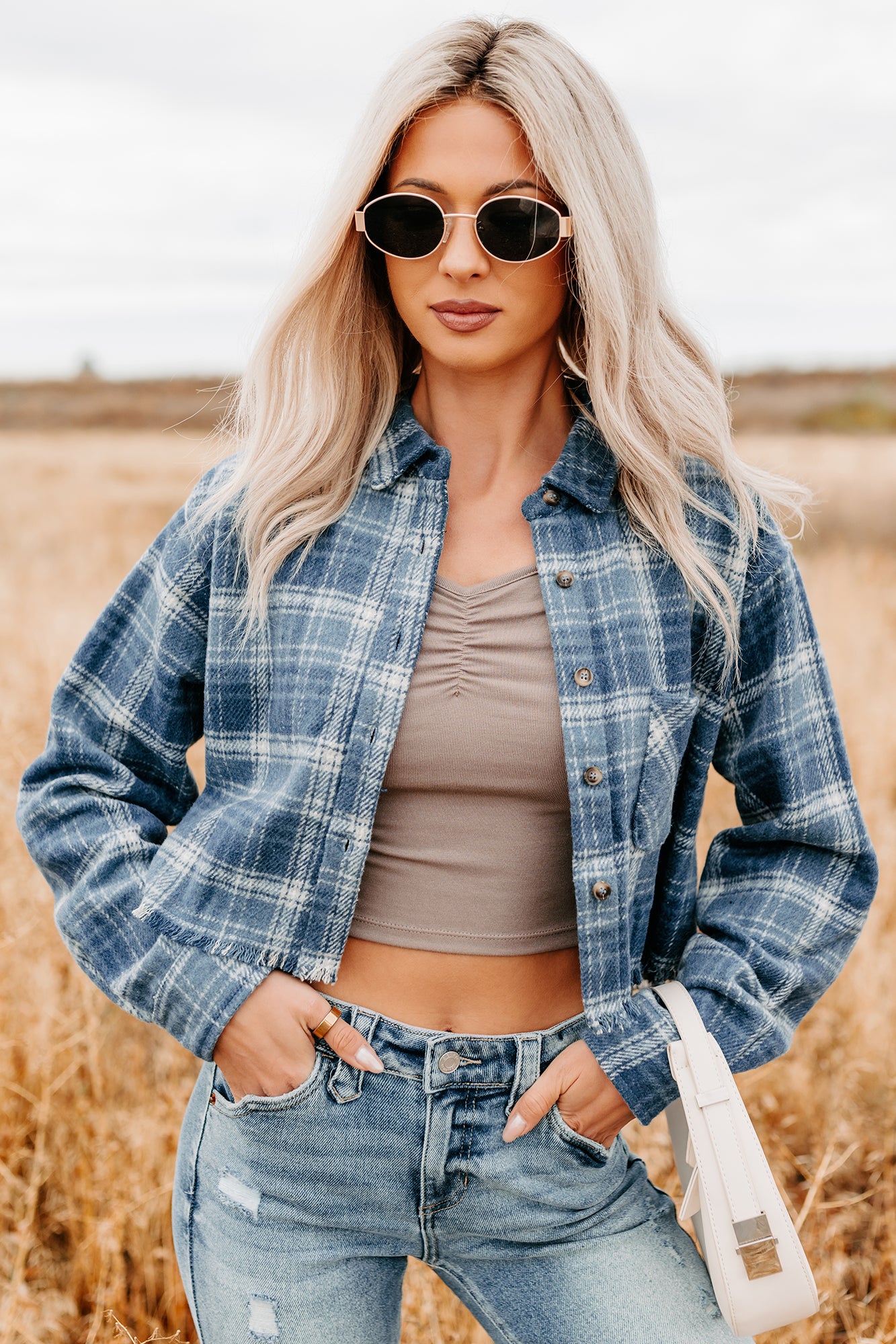 Bless This Mess Plaid Cropped Shacket (Blue) - NanaMacs