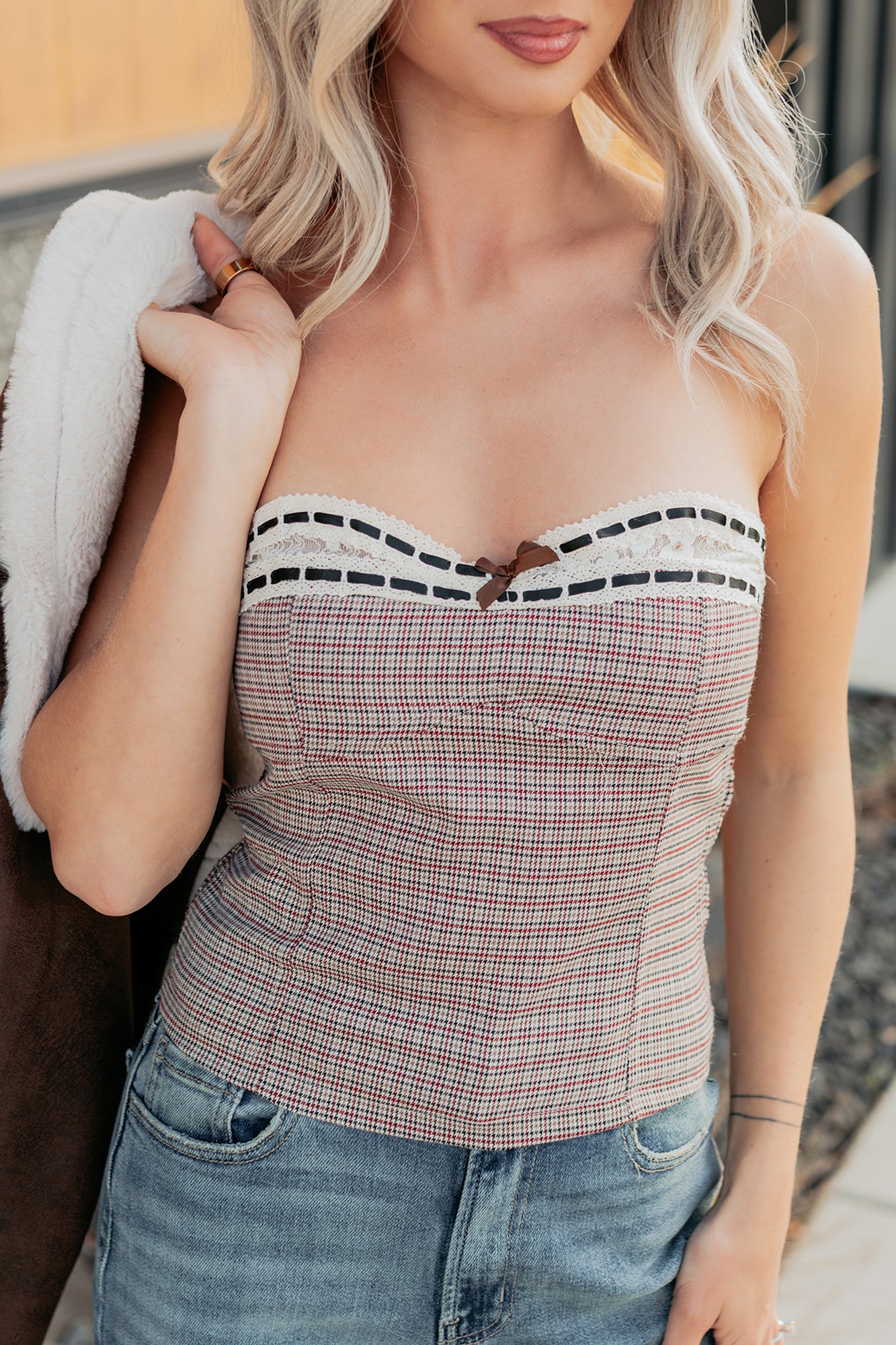 Kiss It Better Strapless Houndstooth Lace Top (Brown/Wine) - NanaMacs