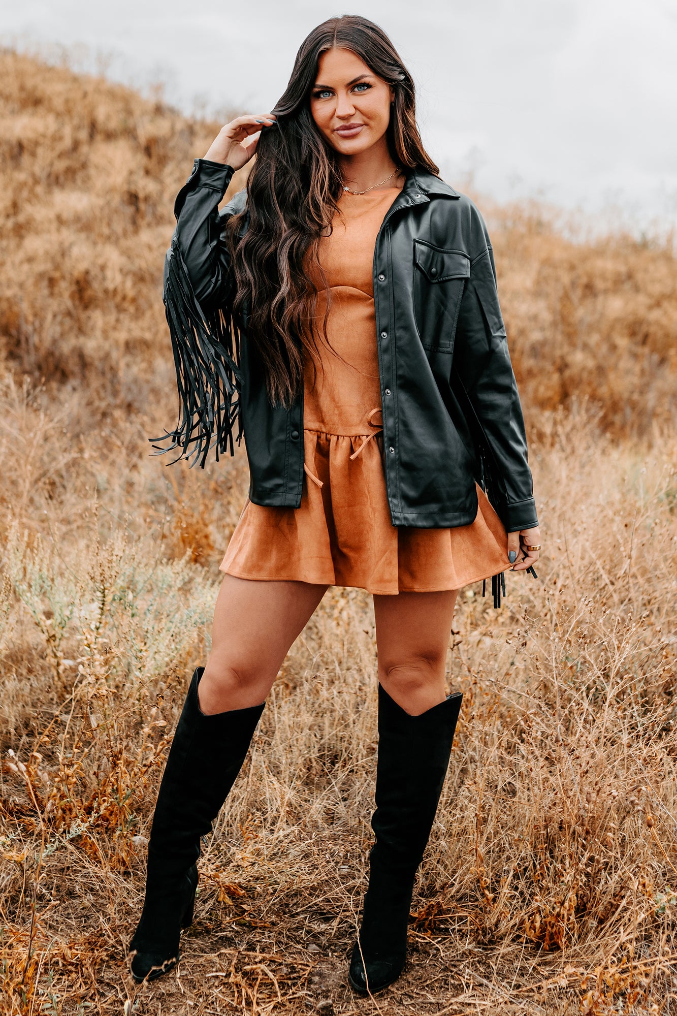 Wild West Whimsy Fringe Faux Leather Jacket (Black) - NanaMacs