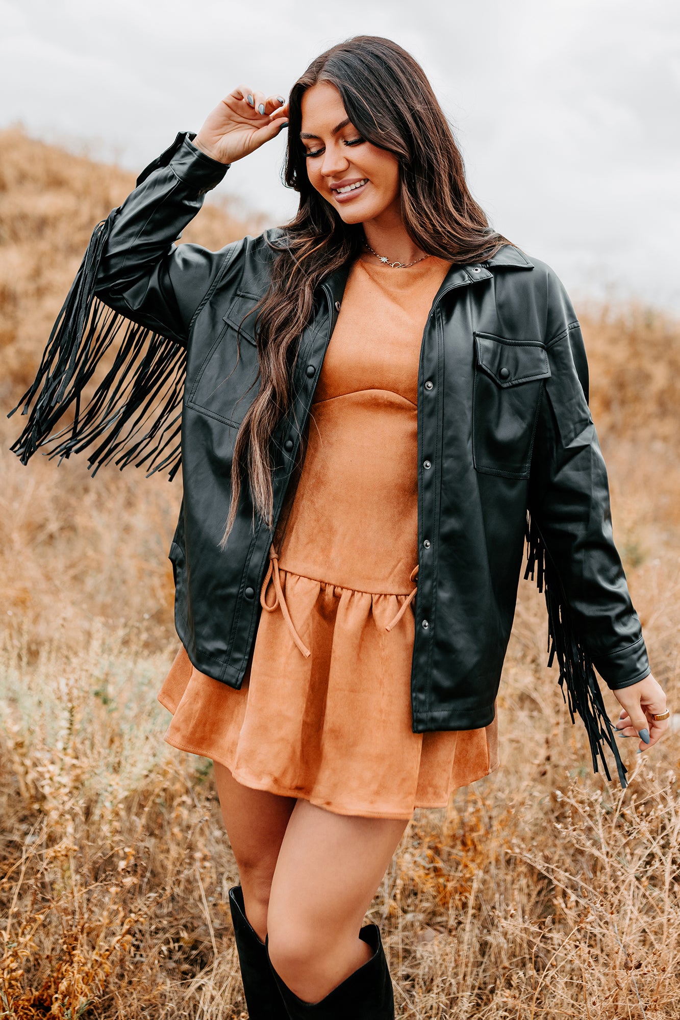 Wild West Whimsy Fringe Faux Leather Jacket (Black) - NanaMacs