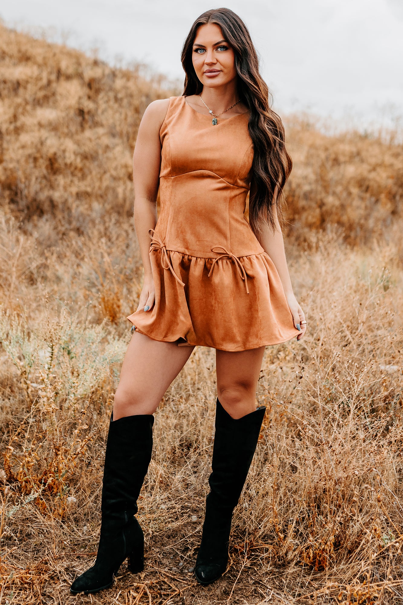 suede mini dress Cognac Faux Suede Drop Waist Ruffle Hem Mini Dress