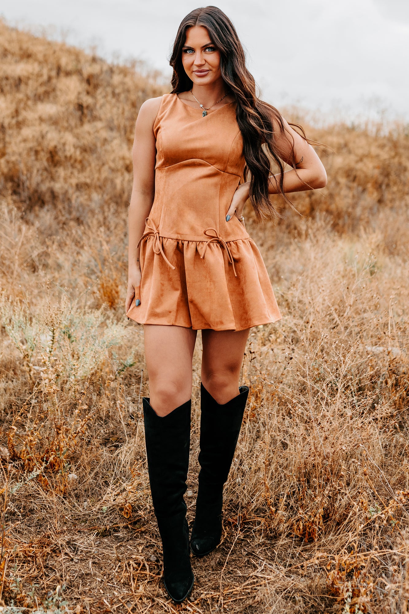 Cognac Faux Suede Drop Waist Ruffle Hem Mini Dress Cognac Faux Suede Drop Waist Ruffle Hem Mini Dress
