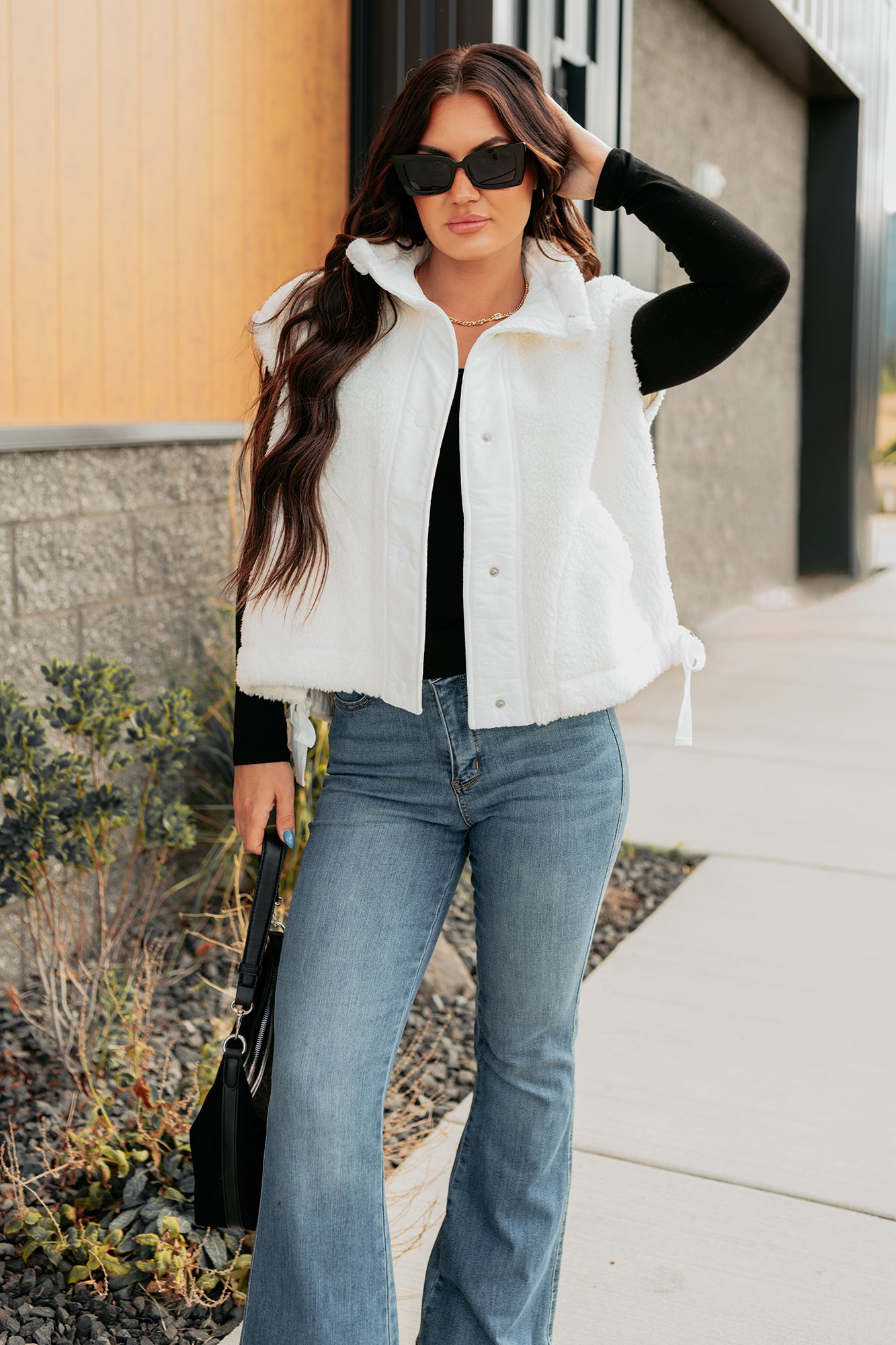 Frosted Glow High Neck Button Up Sherpa Vest (White) - NanaMacs