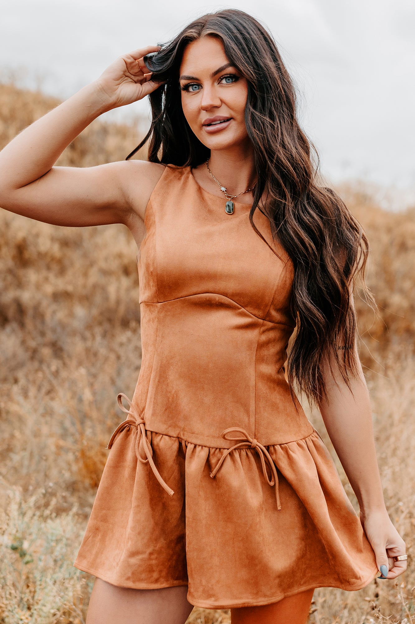 Cognac Faux Suede Drop Waist Ruffle Hem Mini Dress Cognac Faux Suede Drop Waist Ruffle Hem Mini Dress
