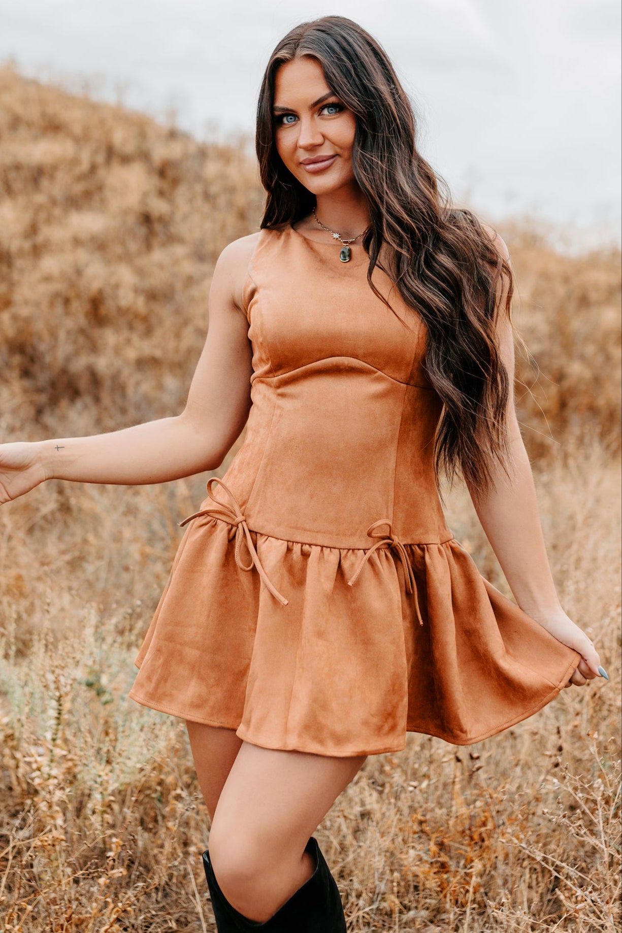 Cognac Faux Suede Drop Waist Ruffle Hem Mini Dress Cognac Faux Suede Drop Waist Ruffle Hem Mini Dress
