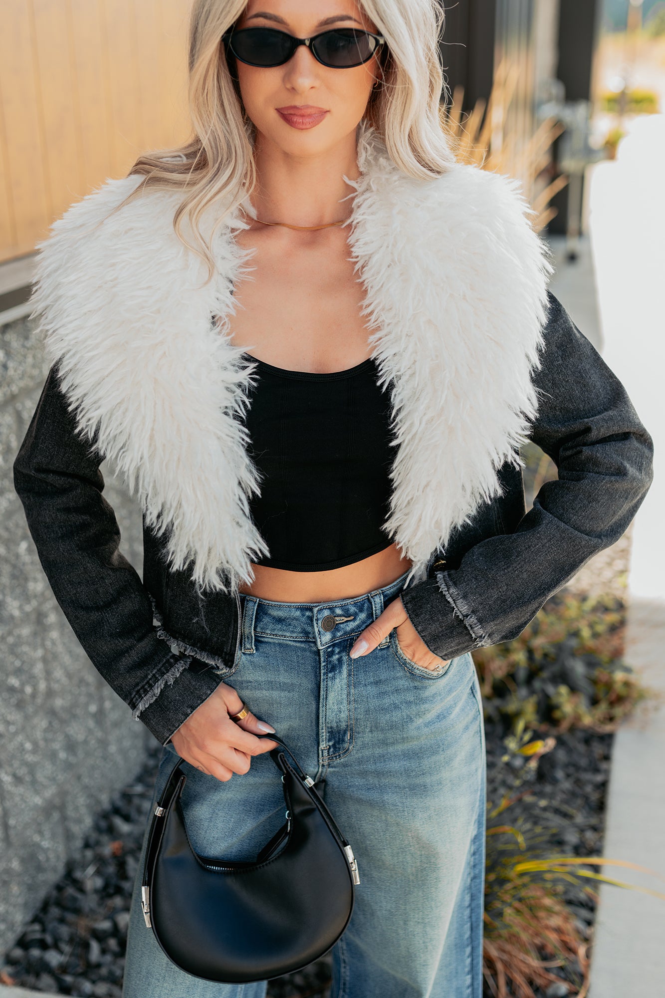 Unapologetic Glow Denim Fur Collar Jacket (Black) - NanaMacs