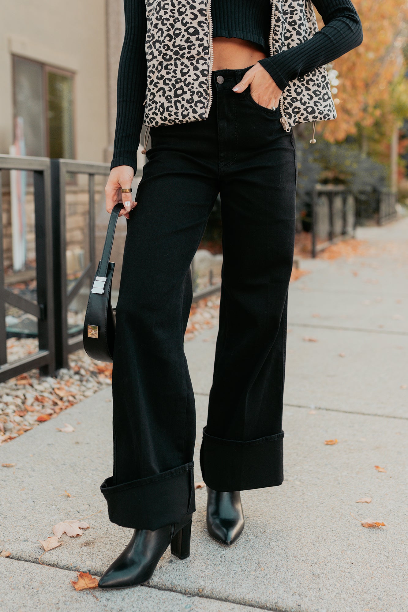 Mara Wide Leg Cuffed Judy Blue Stretchy Jeans (Black) - NanaMacs