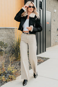 Soulful Strolls Shearling Aviator Jacket (Black/Cream) - NanaMacs