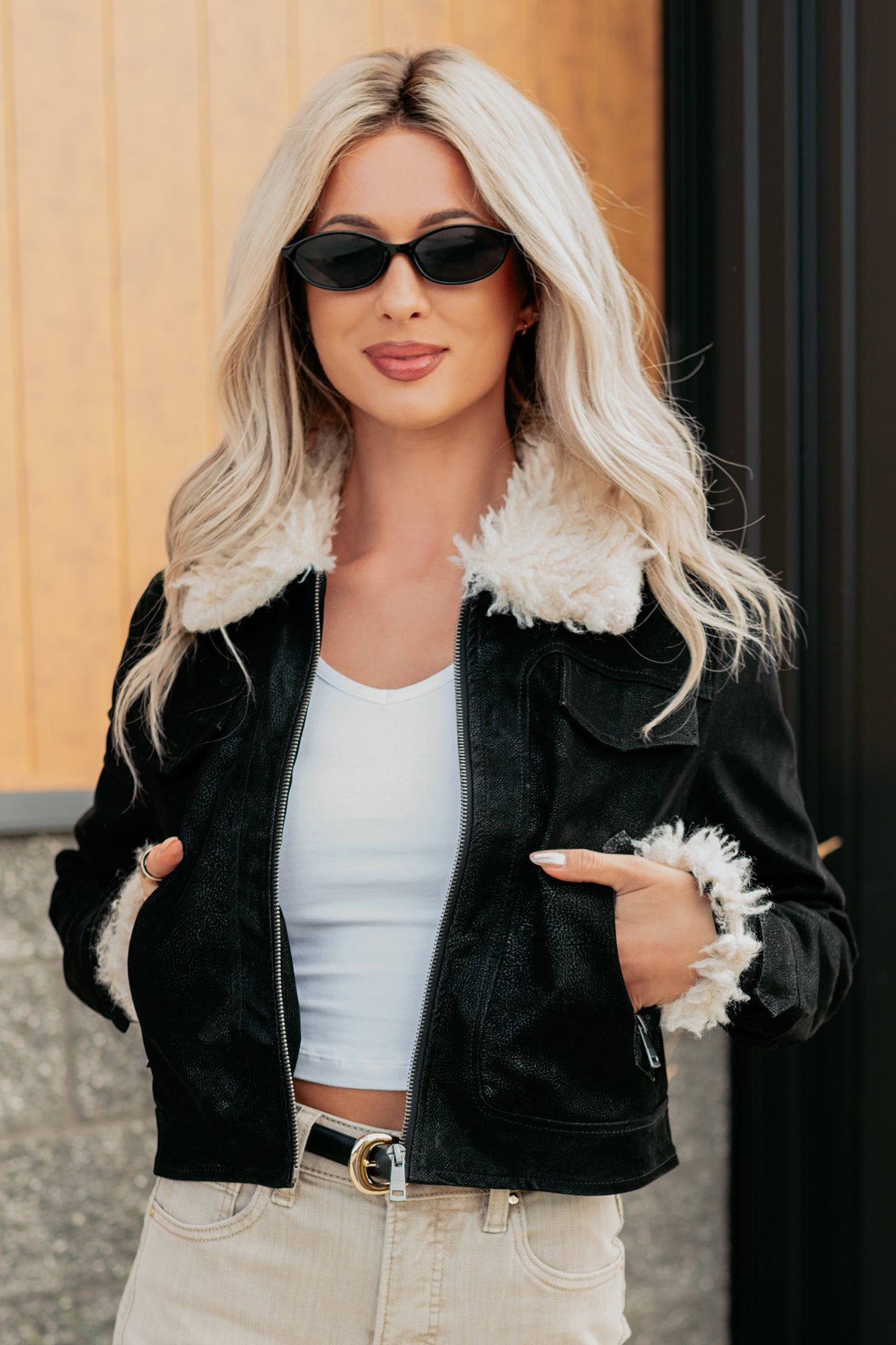 Soulful Strolls Shearling Aviator Jacket (Black/Cream) - NanaMacs