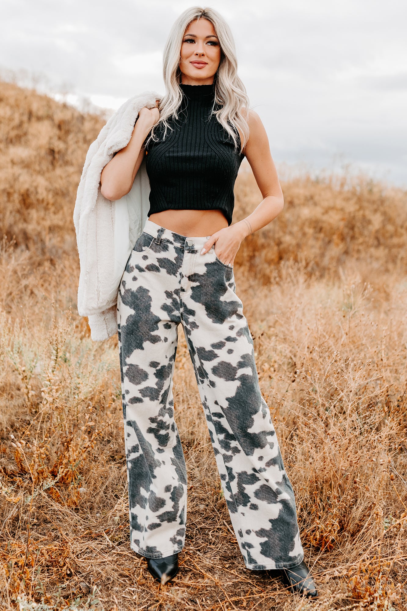 Willis Wide Leg Cow Print Klesis Jeans (Brown) - NanaMacs