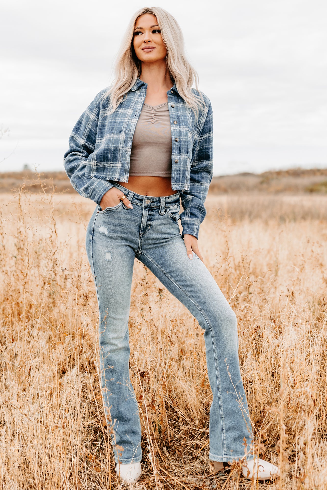 Bless This Mess Plaid Cropped Shacket (Blue) - NanaMacs